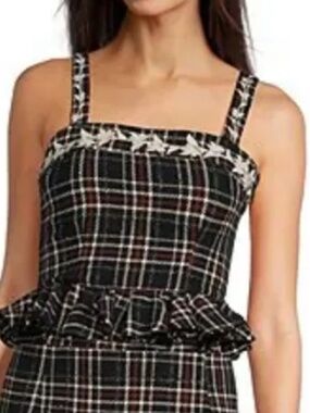 Fanm Mon Xs Jill tartan tweed peplum top white floral embroidery